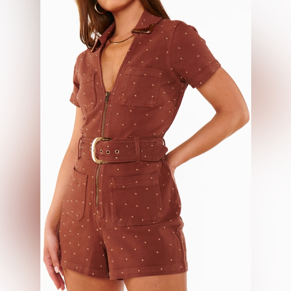 Show Me Your MuMu Tempe Studded Brown Denim Romper